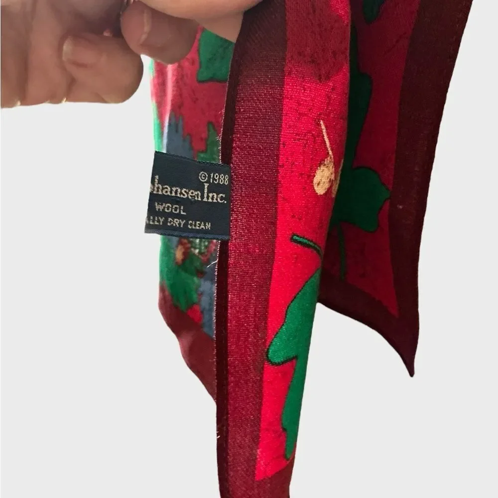 Vintage 1988 Ginnie Johansen 100% Wool Floral Scarf Red Green 57”